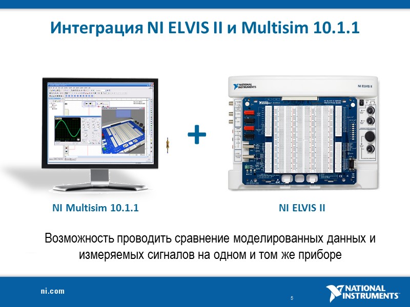 Интеграция NI ELVIS II и Multisim 10.1.1 Возможность проводить сравнение моделированных данных и измеряемых
